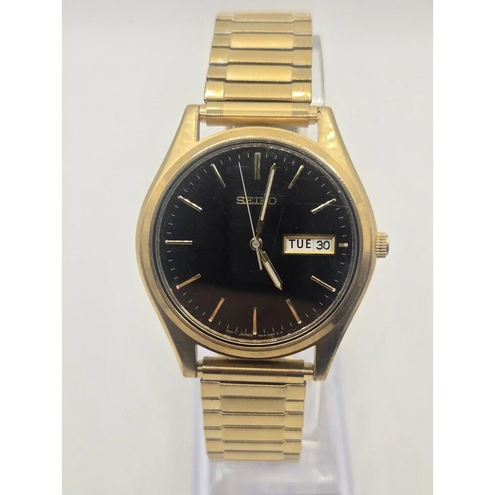 Seiko Men's Vintage Day/Date Gold Tone Quartz Watch 7N43-9048. New Band + Batt.